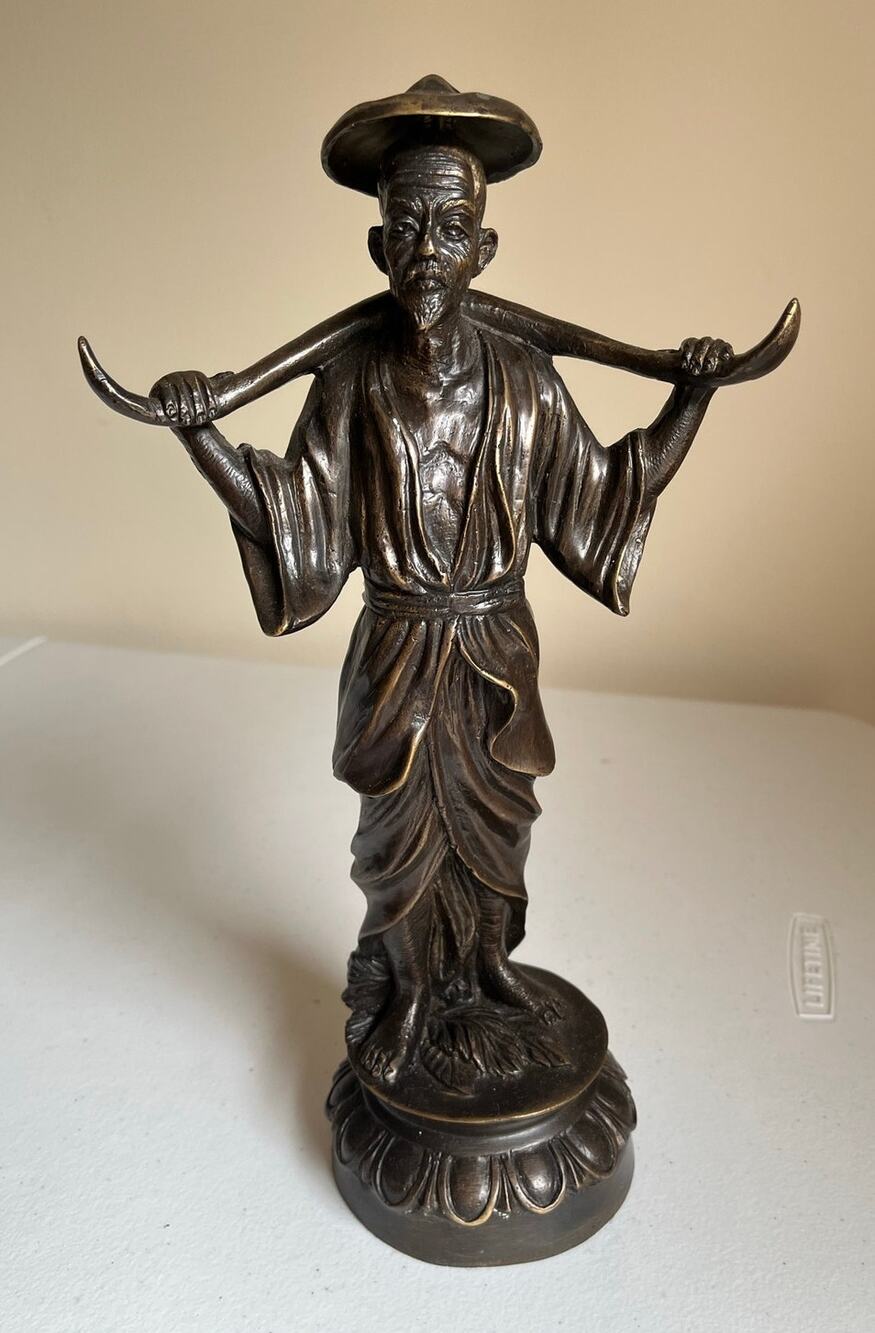 Antique Chinese Bronze Water Carrier Man Statue 13” 4.2 lb Asian Figurine